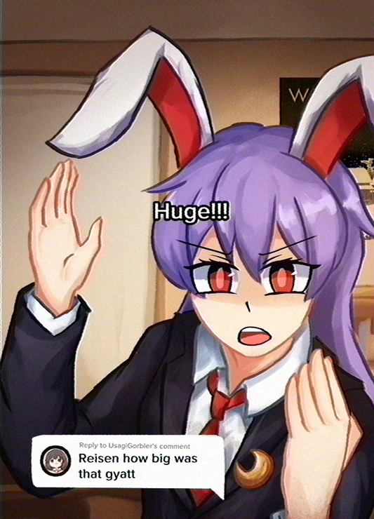 Anime character with rabbit ears reacting to a comment about the size of an object.