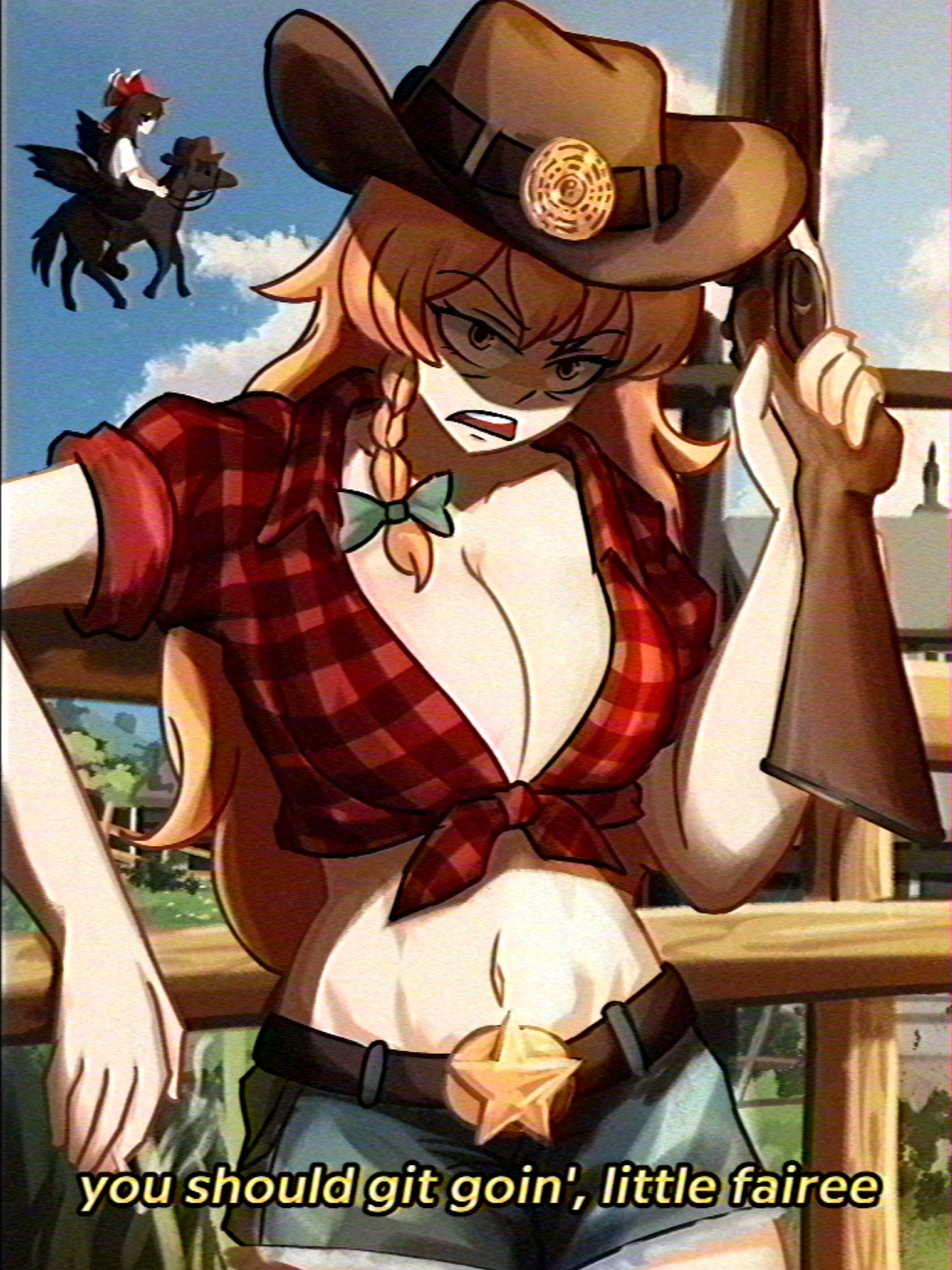 Animated character in a cowboy outfit with a gun, sitting on a fence with text 'you should git goin', little fairee'.
